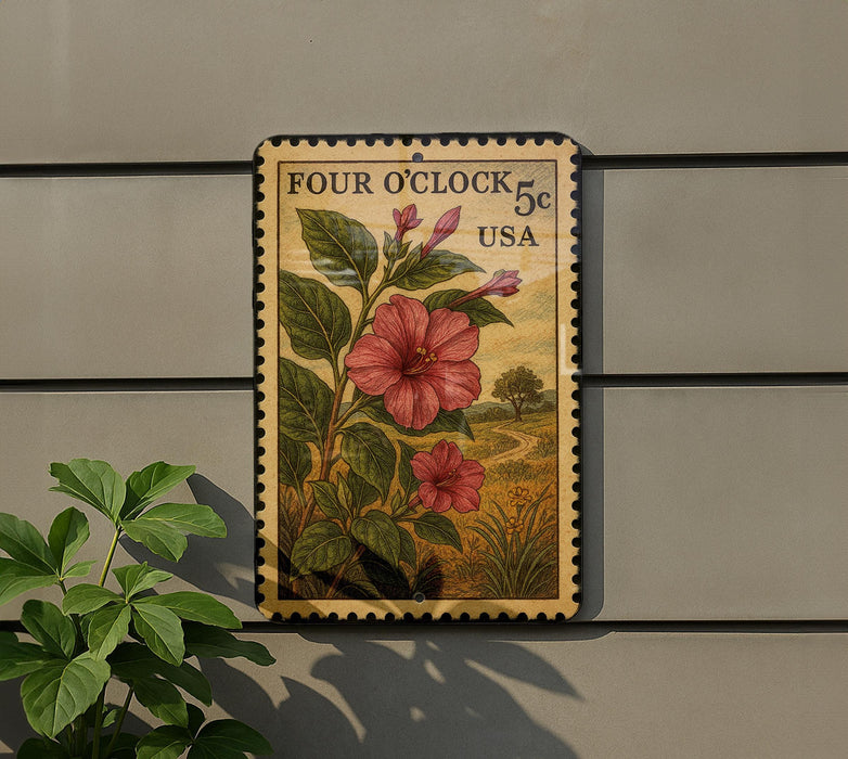 A wooden postcard-style frame with a floral design and text, mounted on a wall next to a plant.