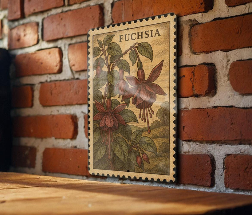 a framed illustration of a fuchsia flower on a brick wall.