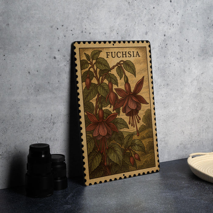 a framed print of a fuchsia flower on a wall, with a stack of black camera lenses next to it.