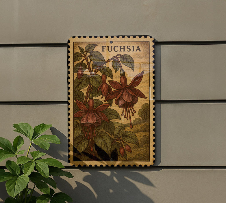 a wooden postcard with a floral illustration, hanging on a wall next to a plant.
