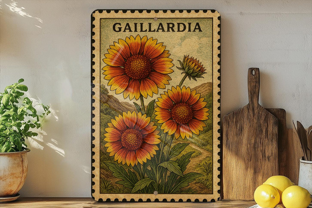 a framed illustration of three large sunflowers, with the word "GAILLARDIA" written above them. The frame is placed on a wooden surface, with a potted plant to the left and a wooden cutting board to the right. There are also some lemons visible in the image.