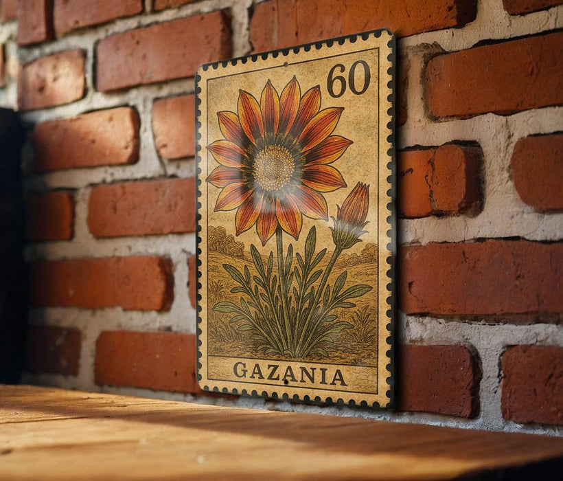 a postage stamp from Gazania, with a large sunflower depicted on it, mounted on a brick wall.