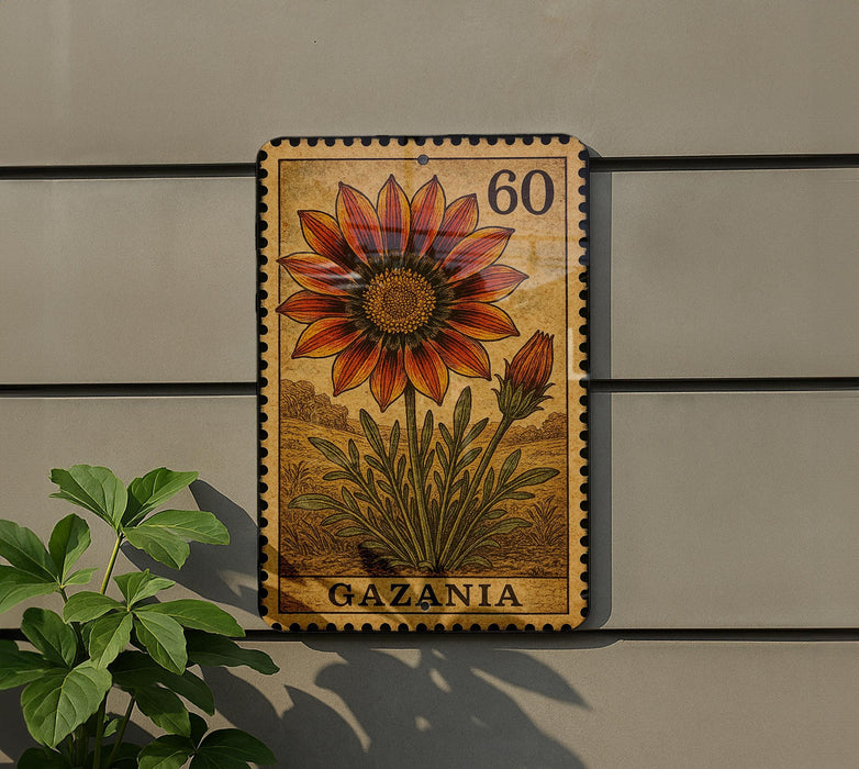 a postage stamp with a large flower design, mounted on a wall next to a plant.