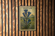 A vintage postage stamp featuring a blue bellflower is displayed on a wooden wall.