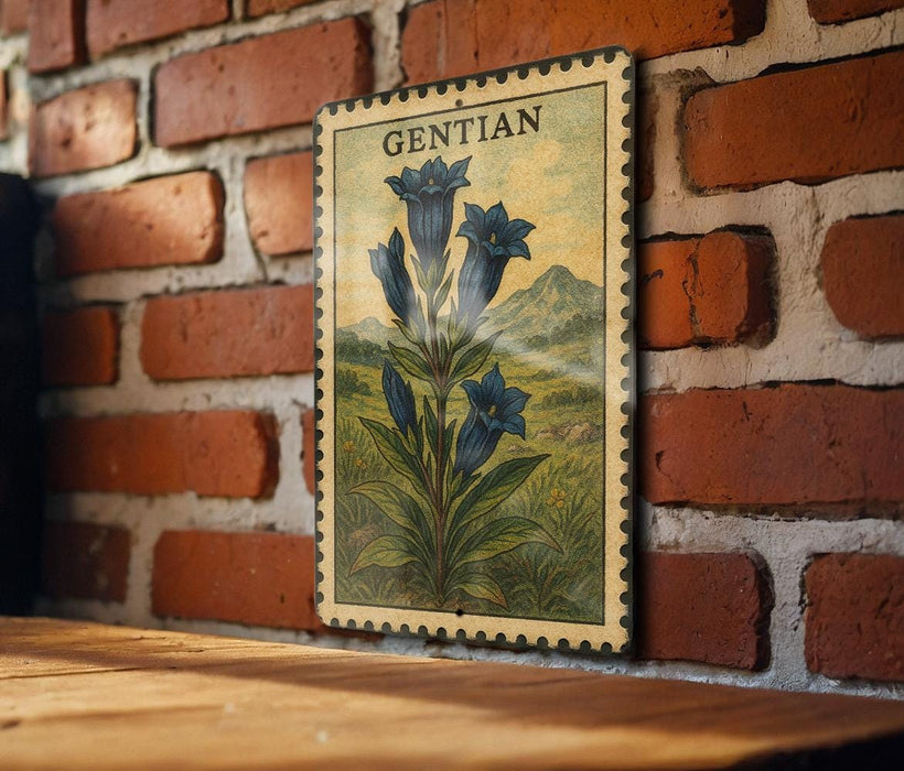 A framed illustration of blue bell-shaped flowers is hanging on a brick wall.