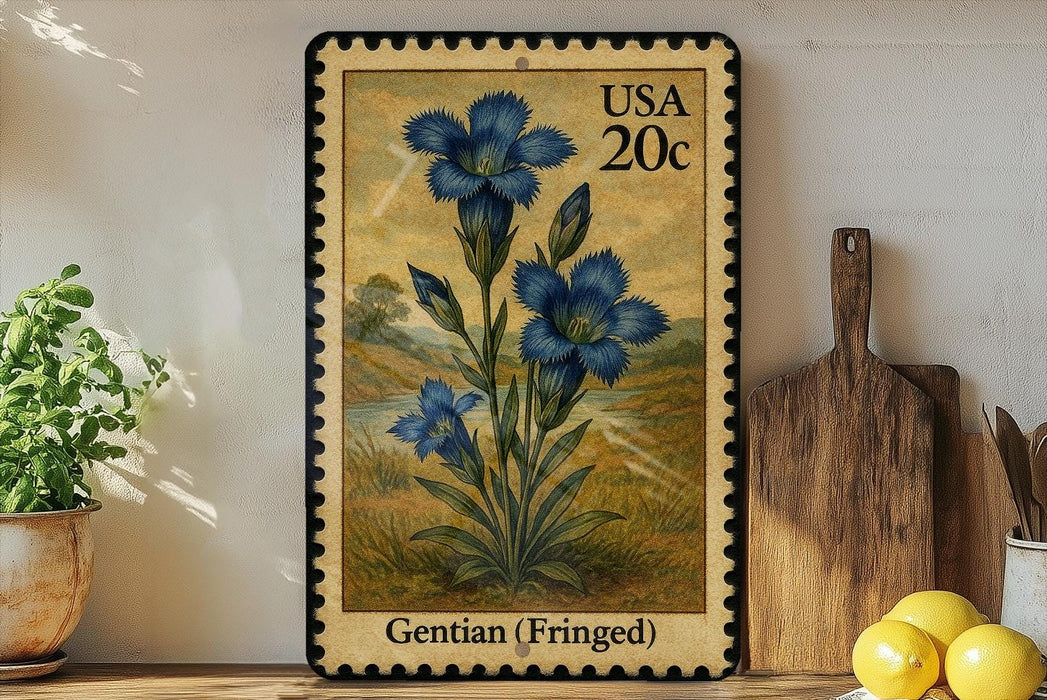 A framed postage stamp featuring a blue iris flower is displayed on a shelf next to a wooden cutting board and a potted plant.