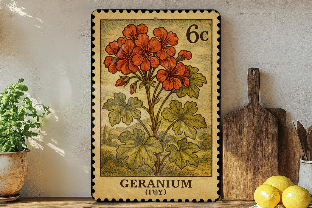 A vintage-style postage stamp featuring a vibrant illustration of a geranium plant, with the word "GERANIUM" printed below the floral design. The stamp is displayed on a shelf next to a wooden cutting board and a potted plant, creating a rustic and charming scene.