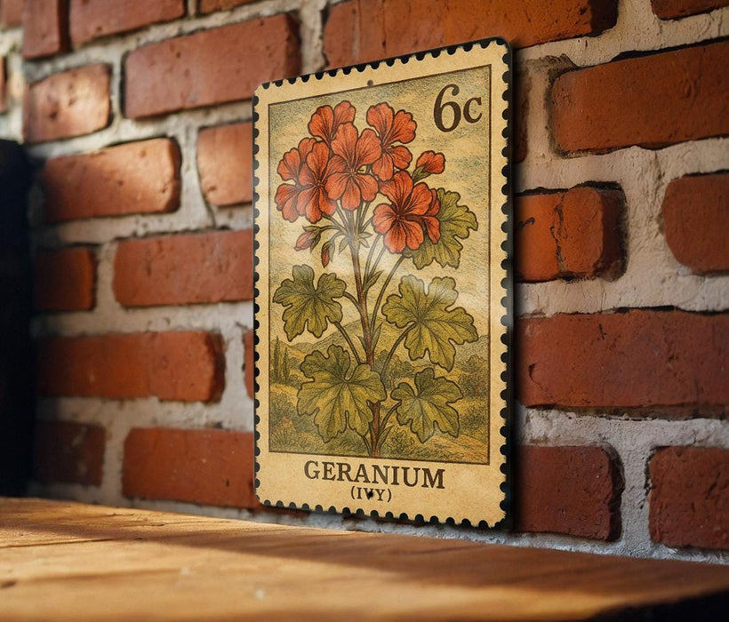 A vintage-style postage stamp featuring a vibrant illustration of a geranium plant, mounted on a brick wall.