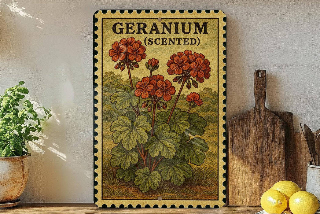 A framed illustration of geranium flowers is displayed on a shelf, accompanied by a wooden cutting board and a potted plant.