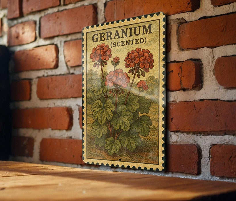 A vintage-style poster of geranium flowers is displayed on a brick wall, with a wooden table below it.