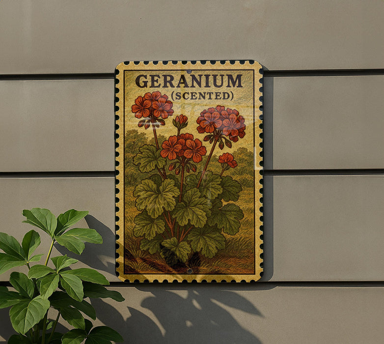 A vintage-style geranium plant illustration is displayed on a wall, with a green plant to the left.