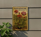 A vintage-style geranium plant illustration is displayed on a wall, with a green plant to the left.