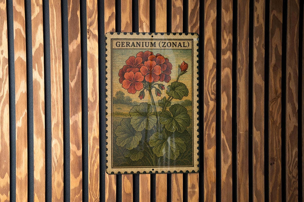 A vintage-style metal stamp featuring a geranium plant with red flowers and green leaves, mounted on a wooden wall.