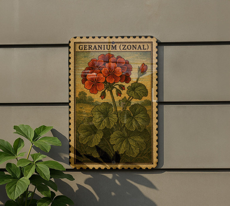 A vintage-style illustration of a geranium plant, labeled as a "ZONAL" plant, is displayed on a wall.
