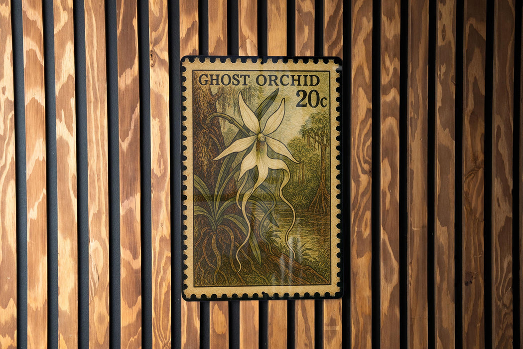 A 20c postage stamp featuring an illustration of a ghost orchid plant.