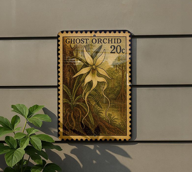 a large, ornate, and colorful stamp-like artwork depicting a ghost orchid, mounted on a wall.