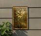 a large, ornate, and colorful stamp-like artwork depicting a ghost orchid, mounted on a wall.
