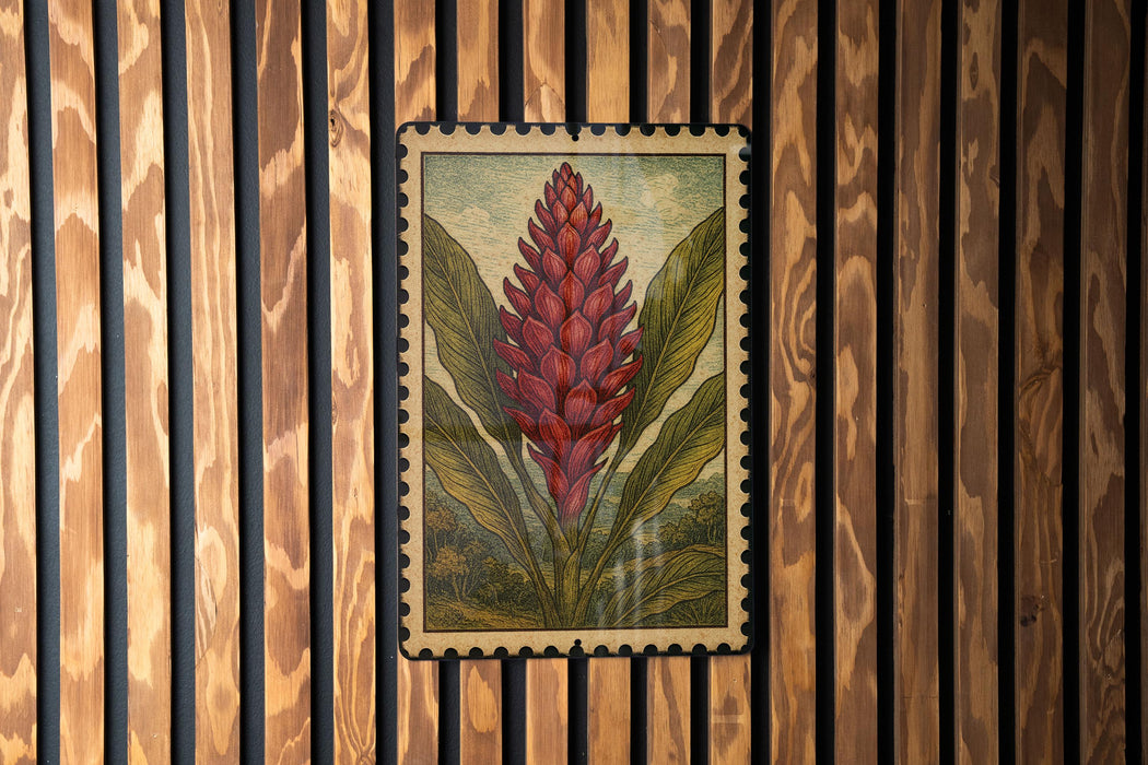 a vibrant red flower with green leaves, set against a wooden background with vertical slats.