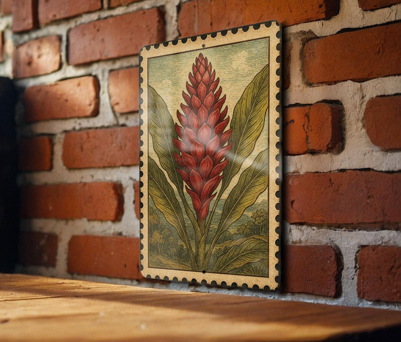 a framed illustration of a red flower on a brick wall.