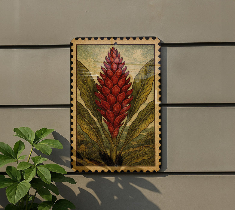 a framed illustration of a red flower with green leaves, hanging on a wall next to a plant.