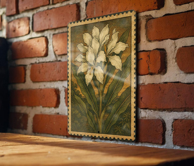 a framed painting of a white flower on a brick wall.