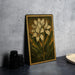 a framed painting of a white flower on a dark background, placed on a table next to some black camera lenses.