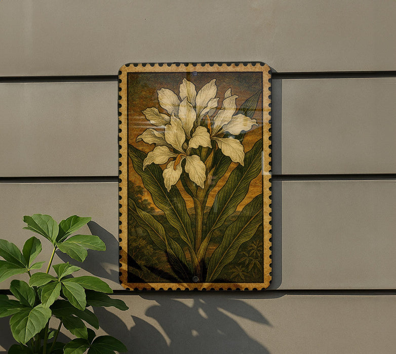 a framed painting of a white flower on a wall, with a plant next to it.