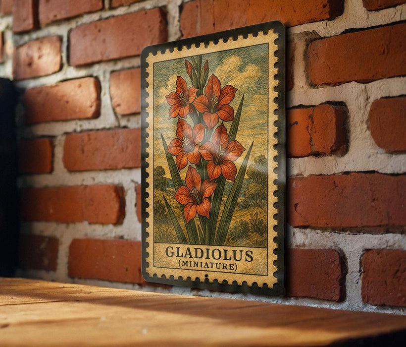 A framed illustration of a flower, specifically a Gladiolus (minature) flower, is displayed on a brick wall.