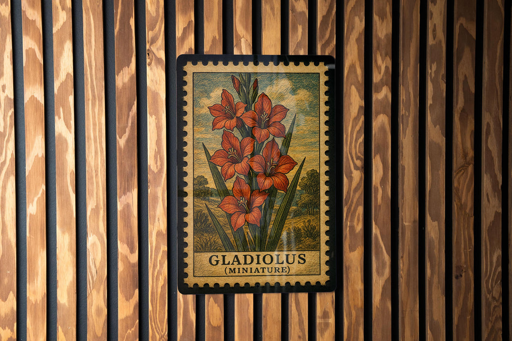 A framed image of a flower, specifically Gladiolus, is displayed on a wooden wall.