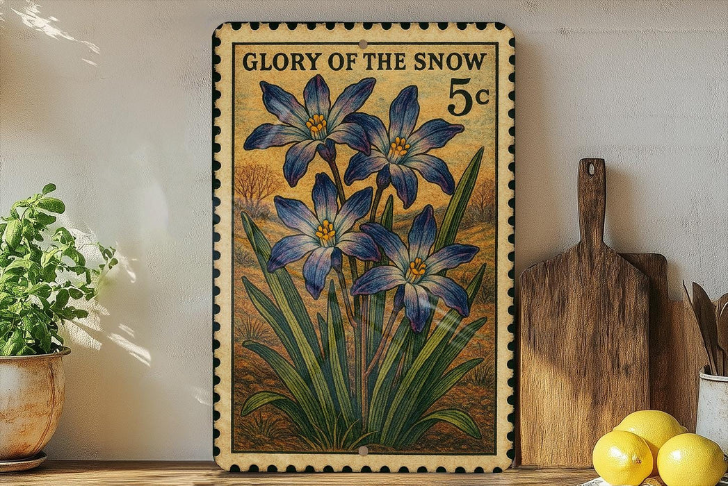A framed print of a blue flower with green leaves is displayed on a shelf, accompanied by a wooden cutting board, a potted plant, and some lemons.