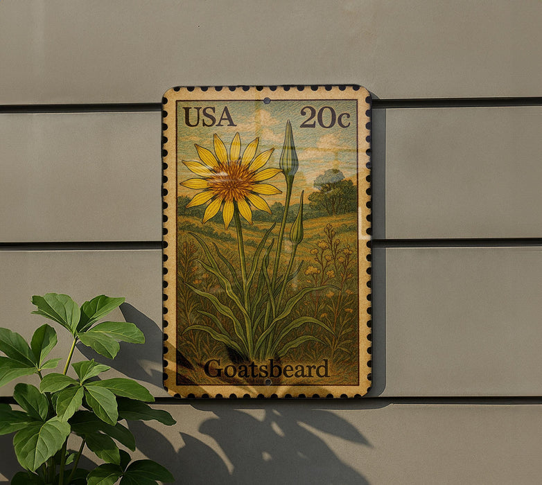 A wooden postcard with a postage stamp on it, featuring a yellow flower and green leaves, mounted on a wall next to a plant.