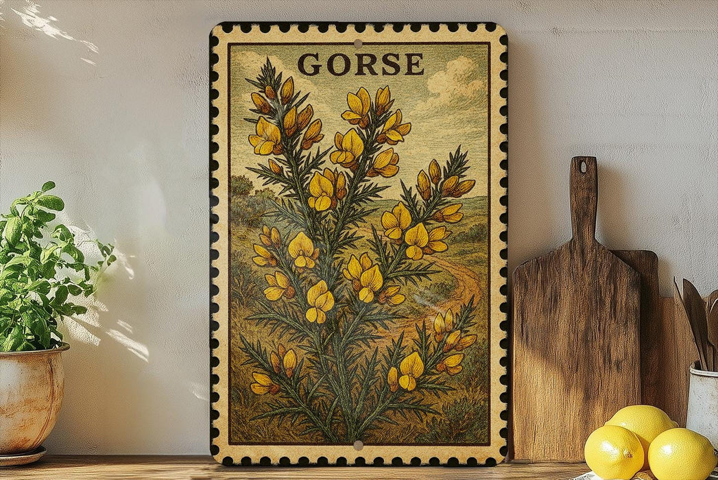 a framed illustration of a yellow flower plant with green leaves, placed on a shelf next to a wooden cutting board and a potted plant.
