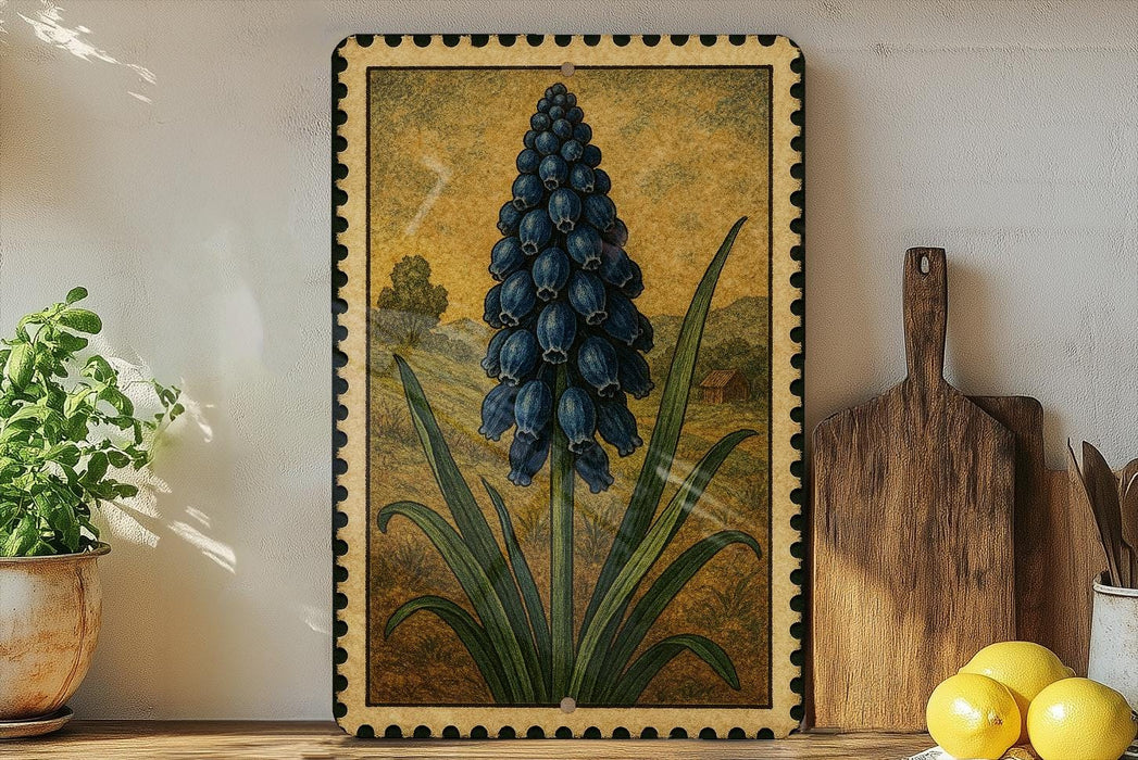 a framed illustration of a blue flower with green leaves, placed on a shelf next to a wooden cutting board and a potted plant.