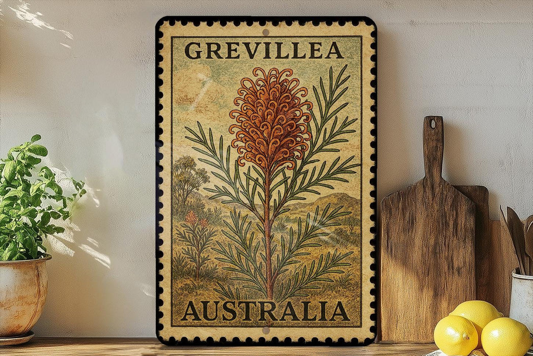 a vintage postage stamp from Australia, with a large illustration of a plant on it, placed on a shelf next to a wooden cutting board and some potted plants.