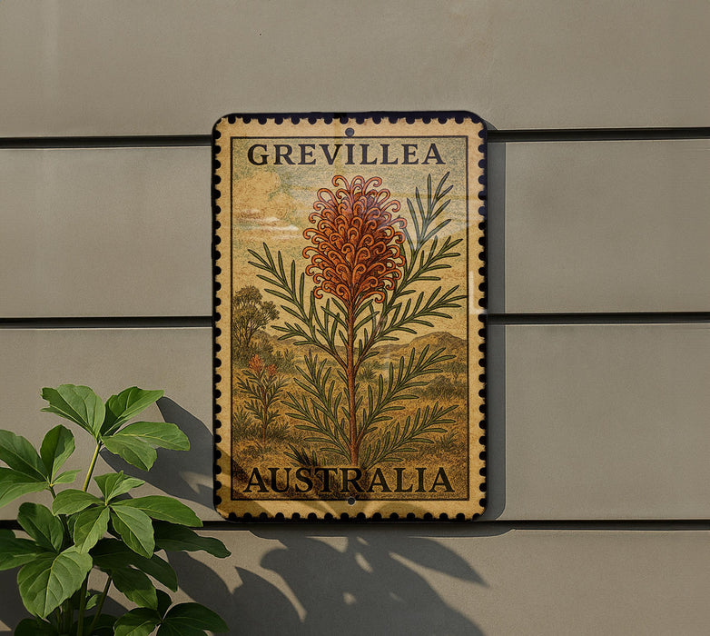 a postage stamp with a detailed illustration of a plant, mounted on a wall next to a plant.