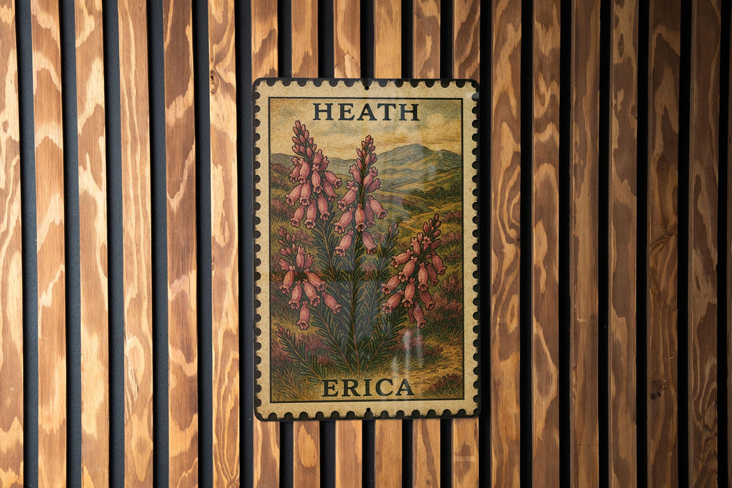 A vintage-style postage stamp featuring a floral illustration of a plant with pink flowers, mounted on a wooden wall.
