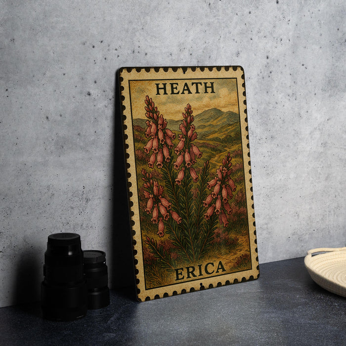A framed print of a floral illustration with the text "HEATH ERICA" is displayed on a table, accompanied by a stack of black camera lenses and a white dish.