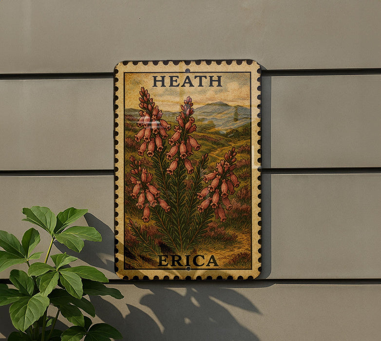 A framed image of a plant with red flowers is mounted on a wall, next to a small green plant.