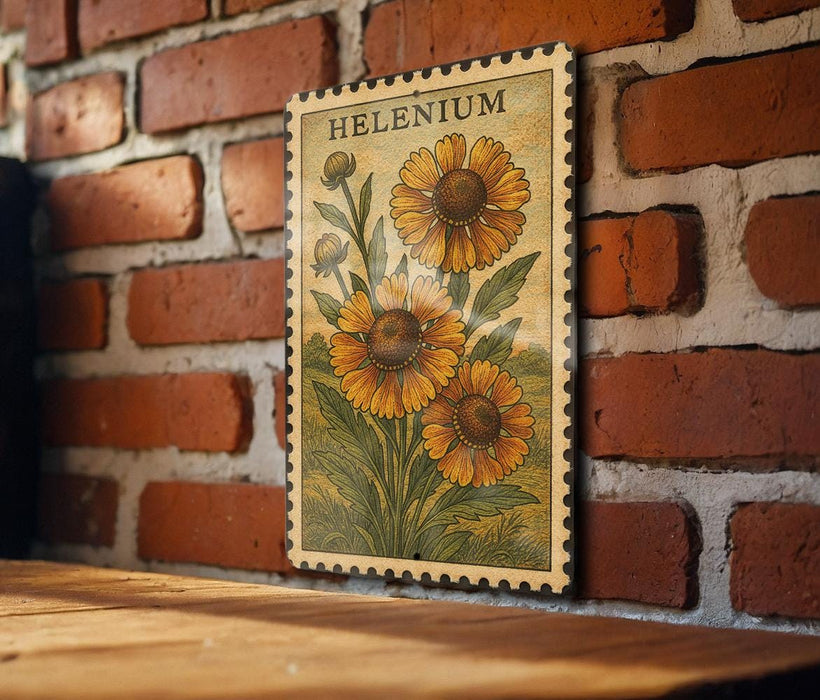 A framed illustration of a sunflower is displayed on a brick wall, with the word "HELENIUM" written on the frame.