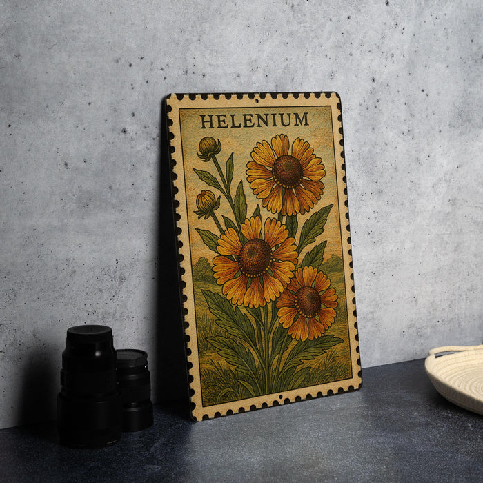 A metal stamp with a floral design and the word "Helium" printed on it, placed on a gray countertop next to some black camera lenses.