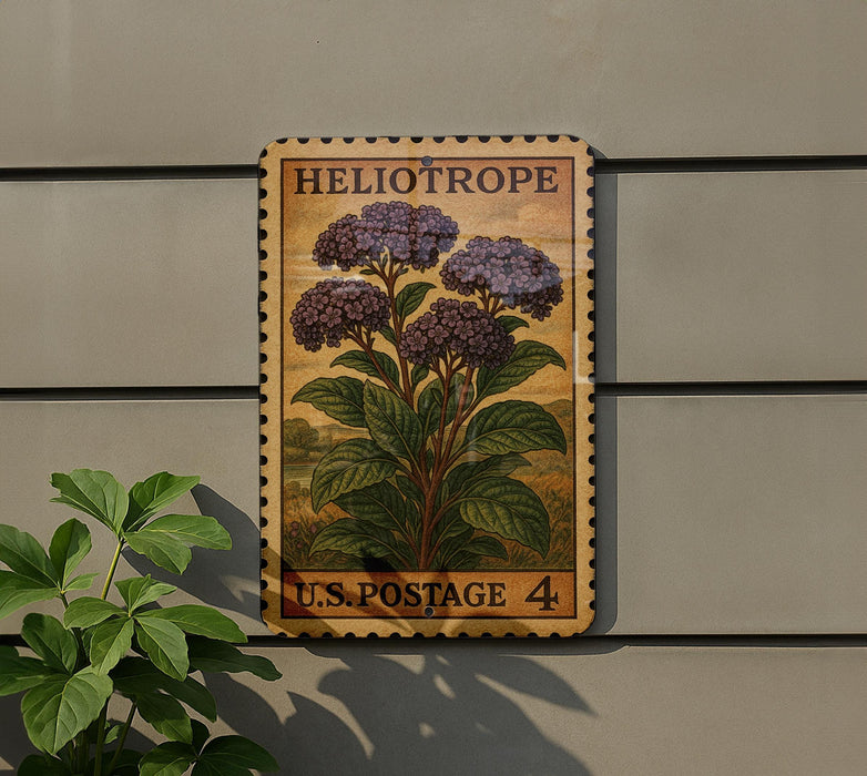 A wooden sign with a postage stamp design hangs on a wall, featuring a depiction of purple flowers.