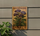 A wooden sign with a postage stamp design hangs on a wall, featuring a depiction of purple flowers.