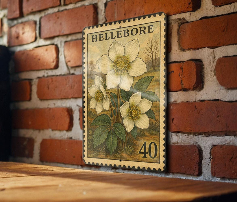 A vintage-style postage stamp featuring a floral design is displayed on a brick wall.