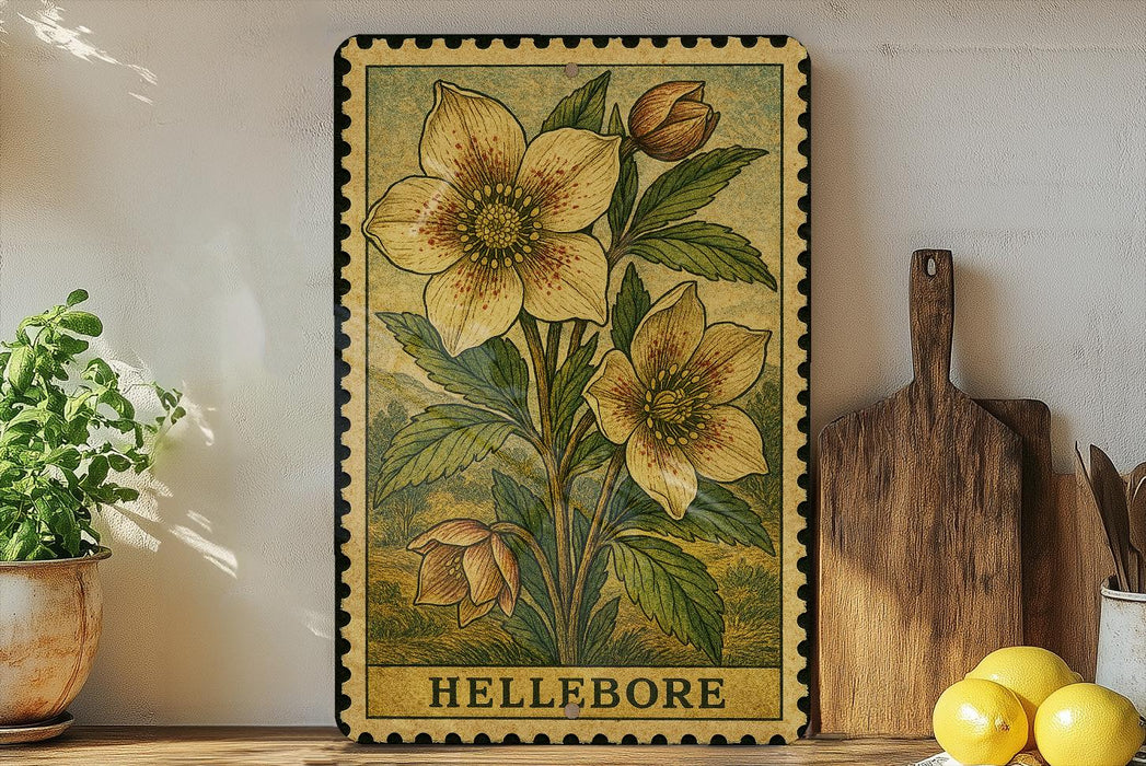 A framed illustration of a flower is displayed on a shelf, accompanied by a wooden cutting board, a potted plant, and some lemons.