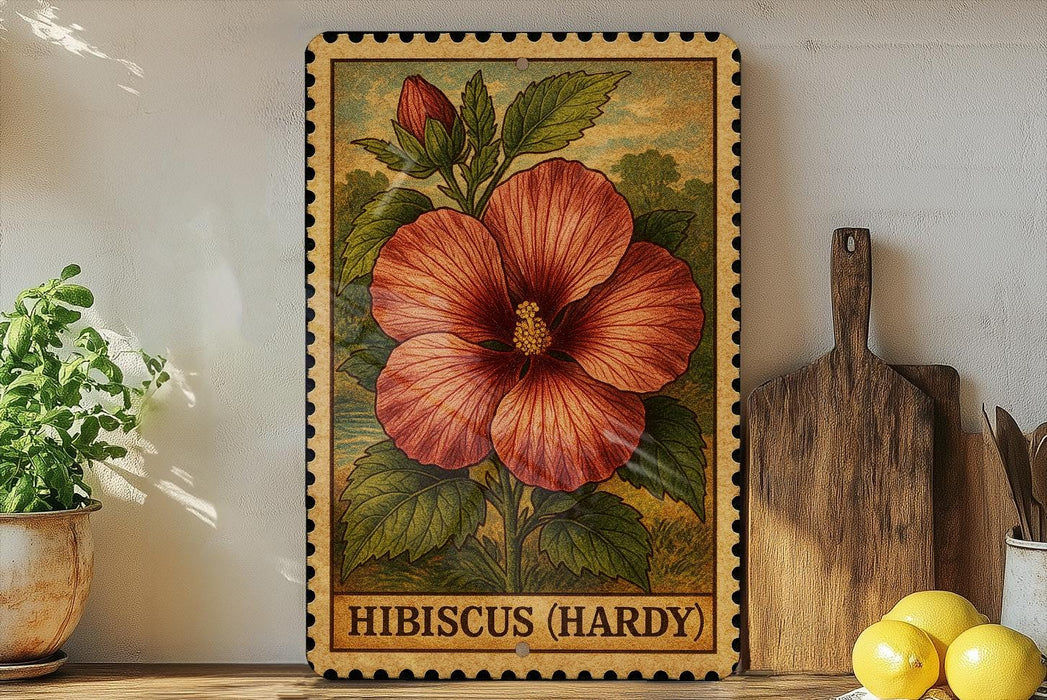 A framed illustration of a red hibiscus flower is displayed on a shelf, accompanied by a wooden cutting board, a potted plant, and a bowl of lemons.
