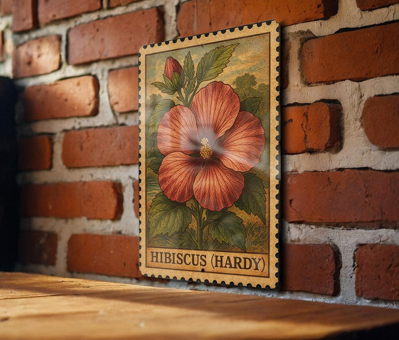 A framed illustration of a red hibiscus flower is displayed on a brick wall, with the word "HIBISCUS (HARDY)" written below the image.