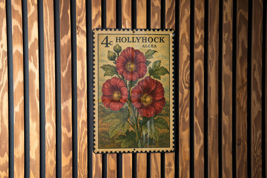 A vintage-style postage stamp featuring a red flower is displayed on a wooden wall.
