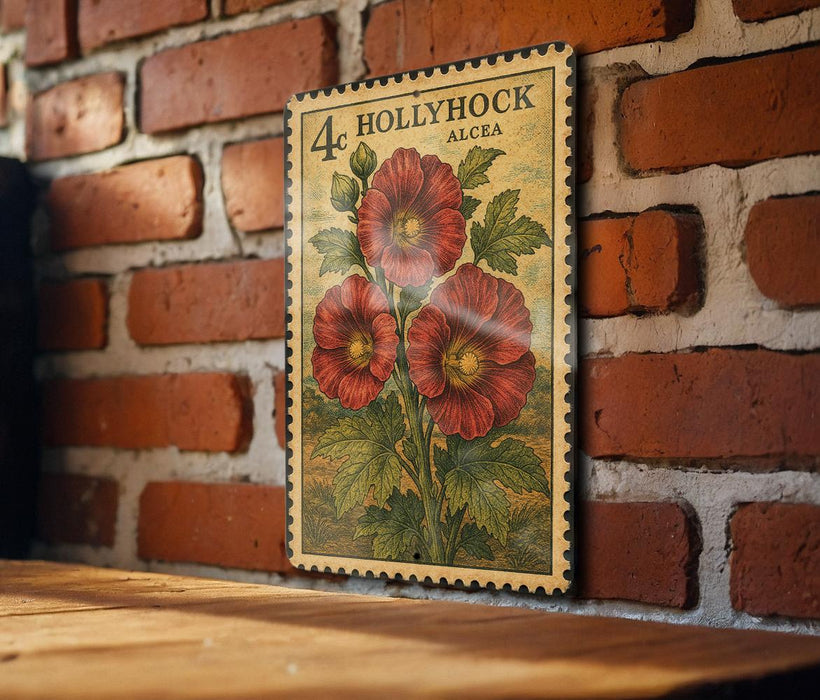 A vintage-style stamp depicting red flowers is mounted on a brick wall, with a wooden table below it.