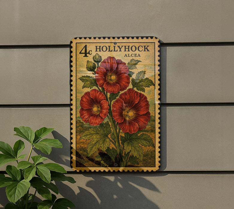 A vintage-style postage stamp featuring a red hollyhock plant, mounted on a wall next to a plant.