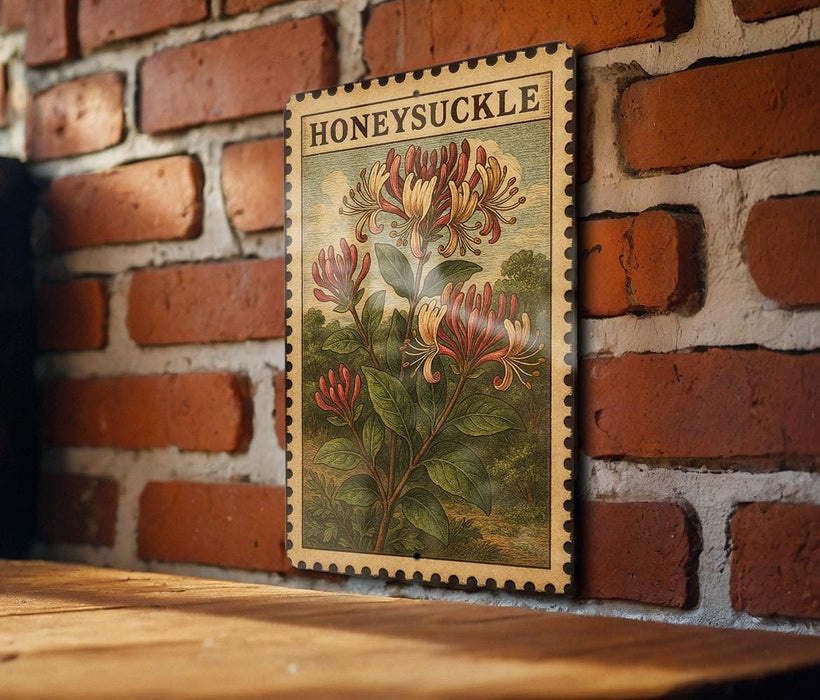 A vintage-style stamp featuring a floral illustration of honeysuckle flowers is displayed on a brick wall.